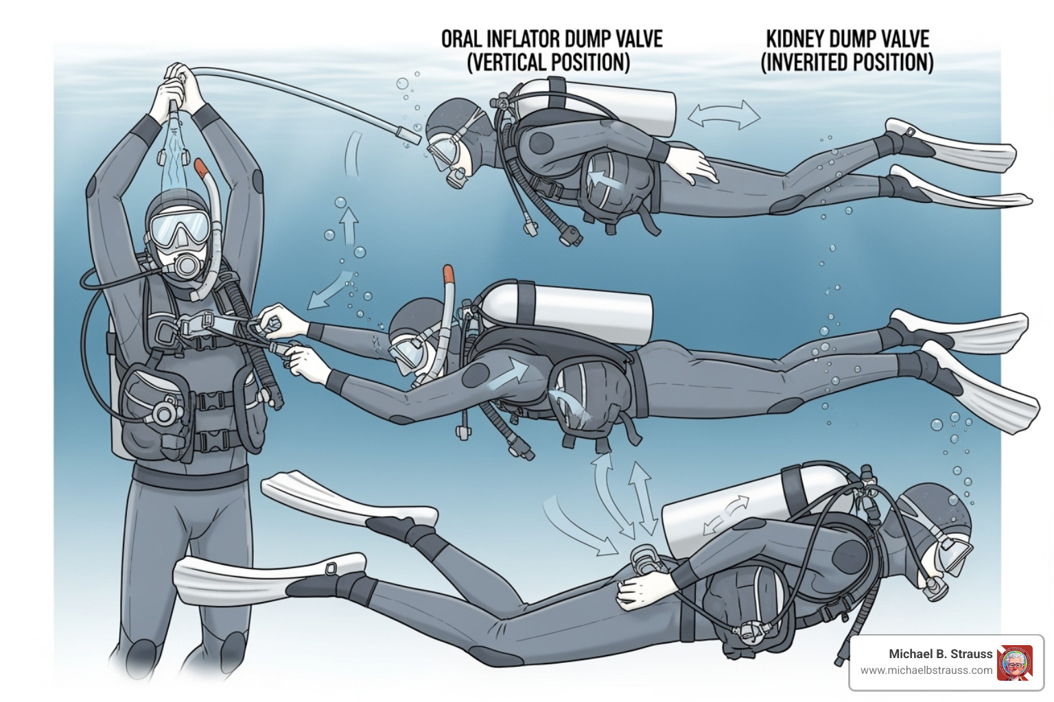 Illustration of a diver interacting with different BCD dump valve types during a dive - BCD dump valve