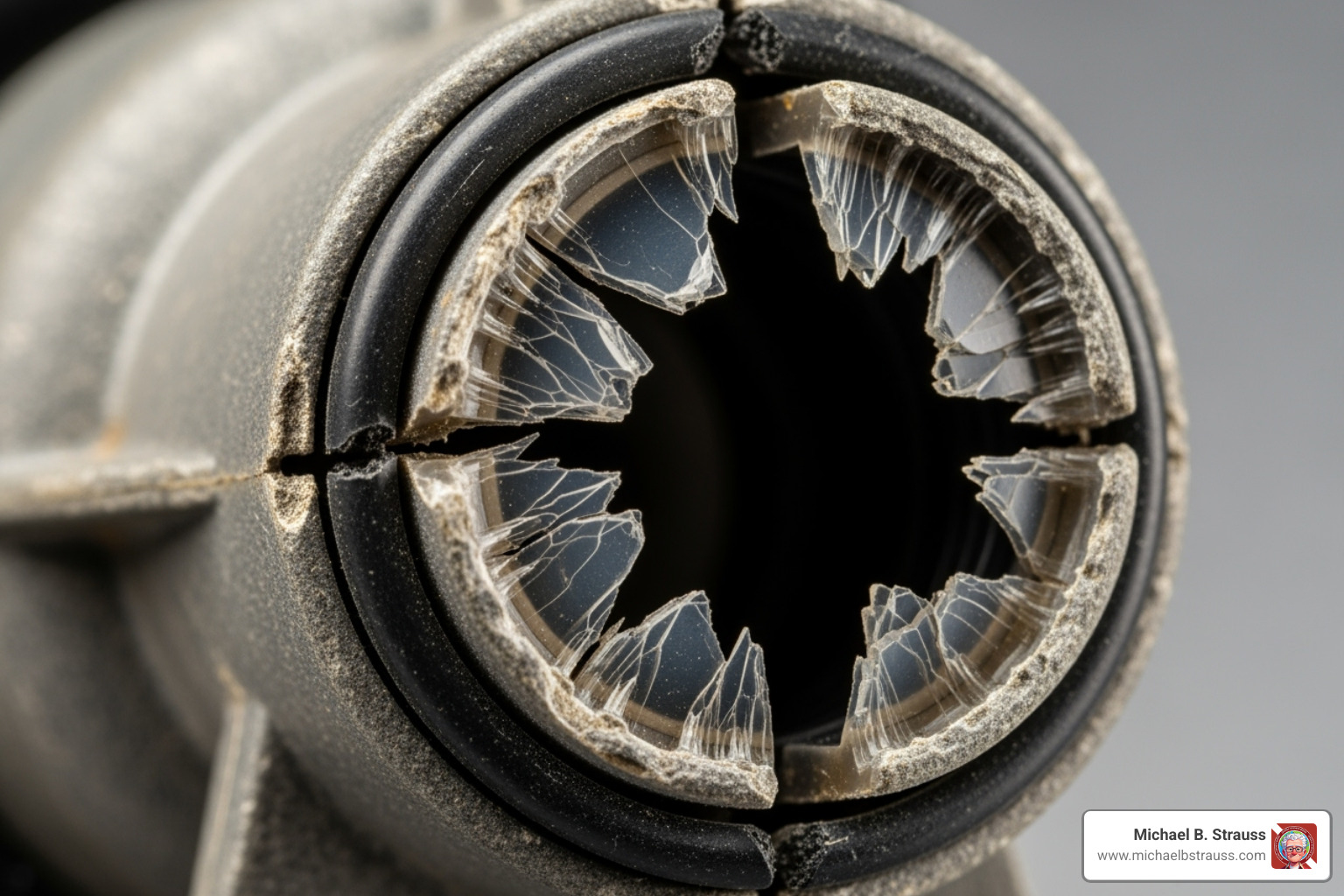 Close-up of a broken BCD dump valve showing material fatigue and a fracture - BCD dump valve