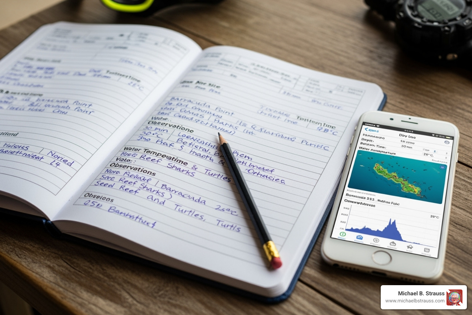 A detailed, filled-out physical logbook page next to a smartphone screen showing a digital log entry - divers log