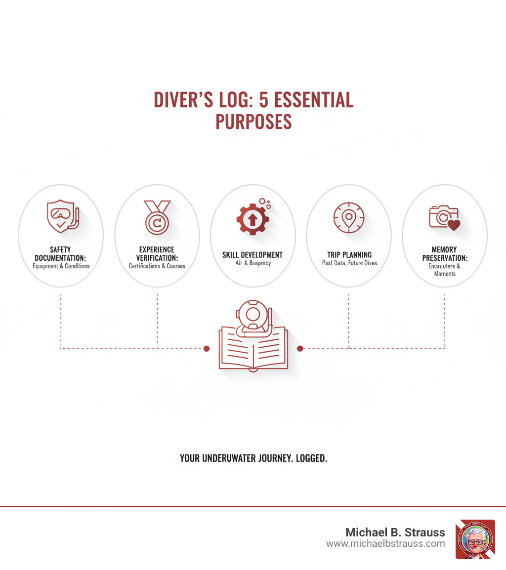 Comprehensive infographic showing the five essential purposes of a divers log: Safety Documentation (tracking equipment and conditions), Experience Verification (proof for certifications and advanced courses), Skill Development (monitoring air consumption and buoyancy progress), Trip Planning (using past data to prepare for future dives), and Memory Preservation (recording marine life encounters and special moments) - divers log infographic 