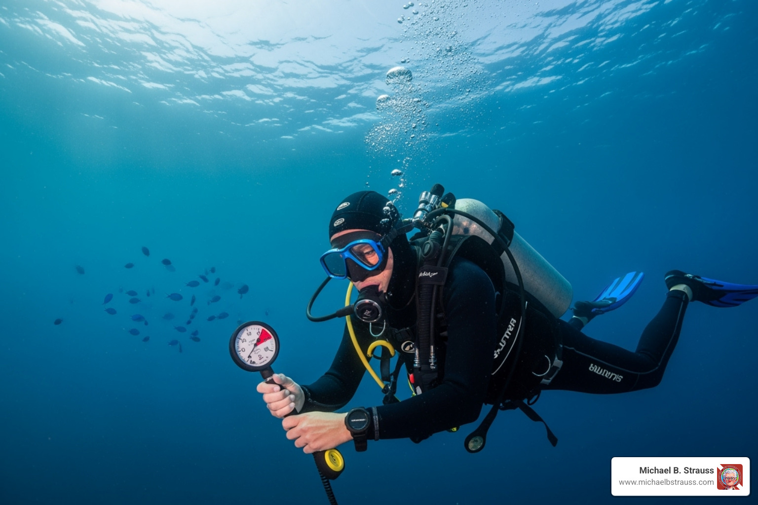 a diver checking their submersible pressure gauge (SPG) - out of air