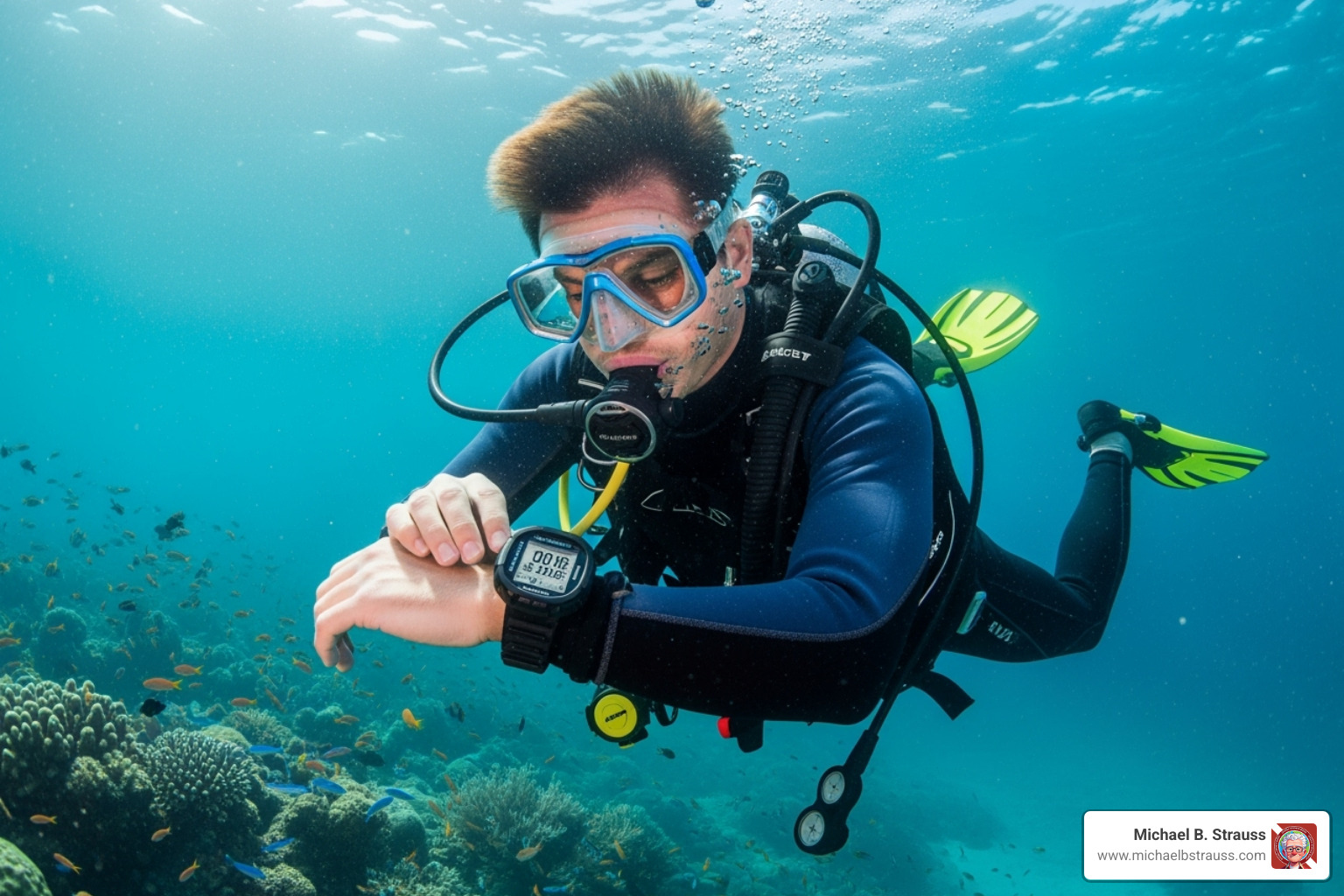 diver checking dive computer - scuba dive travel insurance