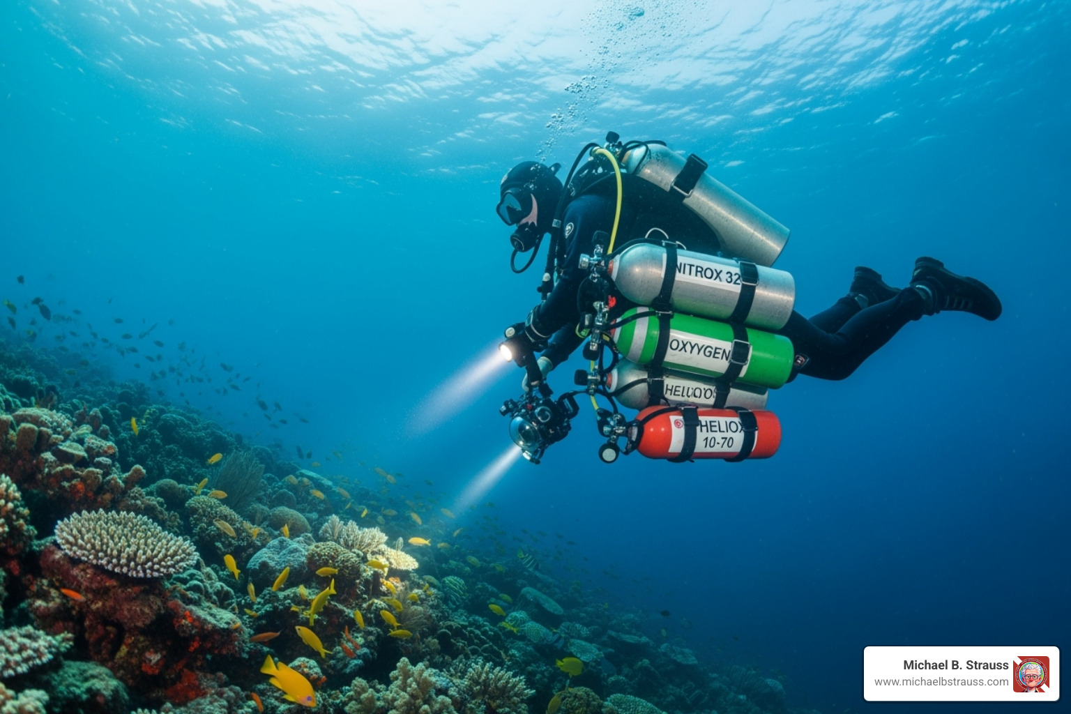 of a technical diver with multiple tanks, highlighting the use of different gas mixtures. - Nitrogen narcosis prevention