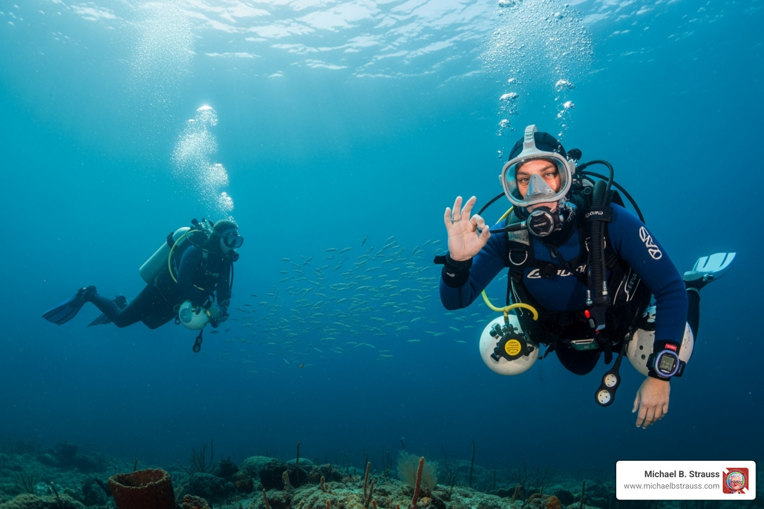 of a diver signaling "OK" to their buddy during a deep dive. - Nitrogen narcosis prevention