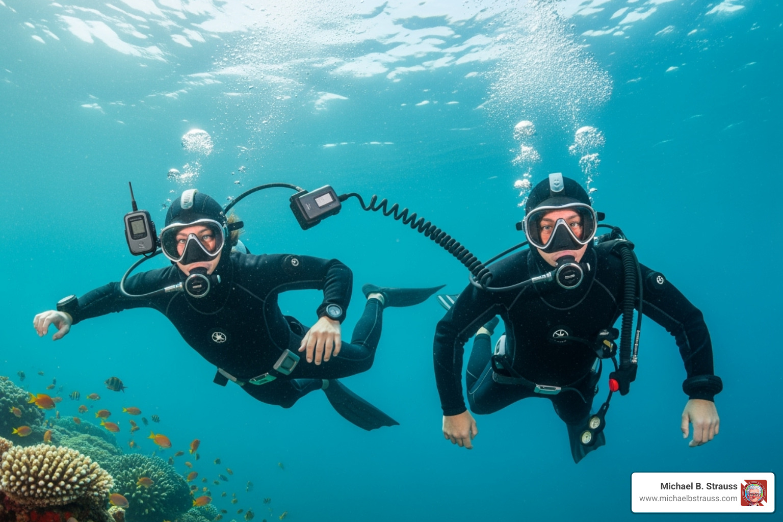 A diver with a wireless comms unit side-by-side with a diver using a tethered system - full face mask communication