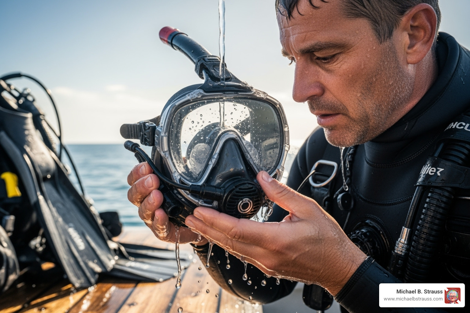 A diver carefully cleaning their FFM and communication components - full face mask communication