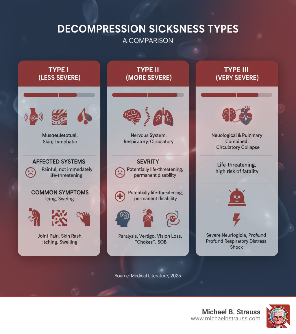 TABLE comparing Type I vs. Type II DCS symptoms and severity - what is decompression sickness infographic 