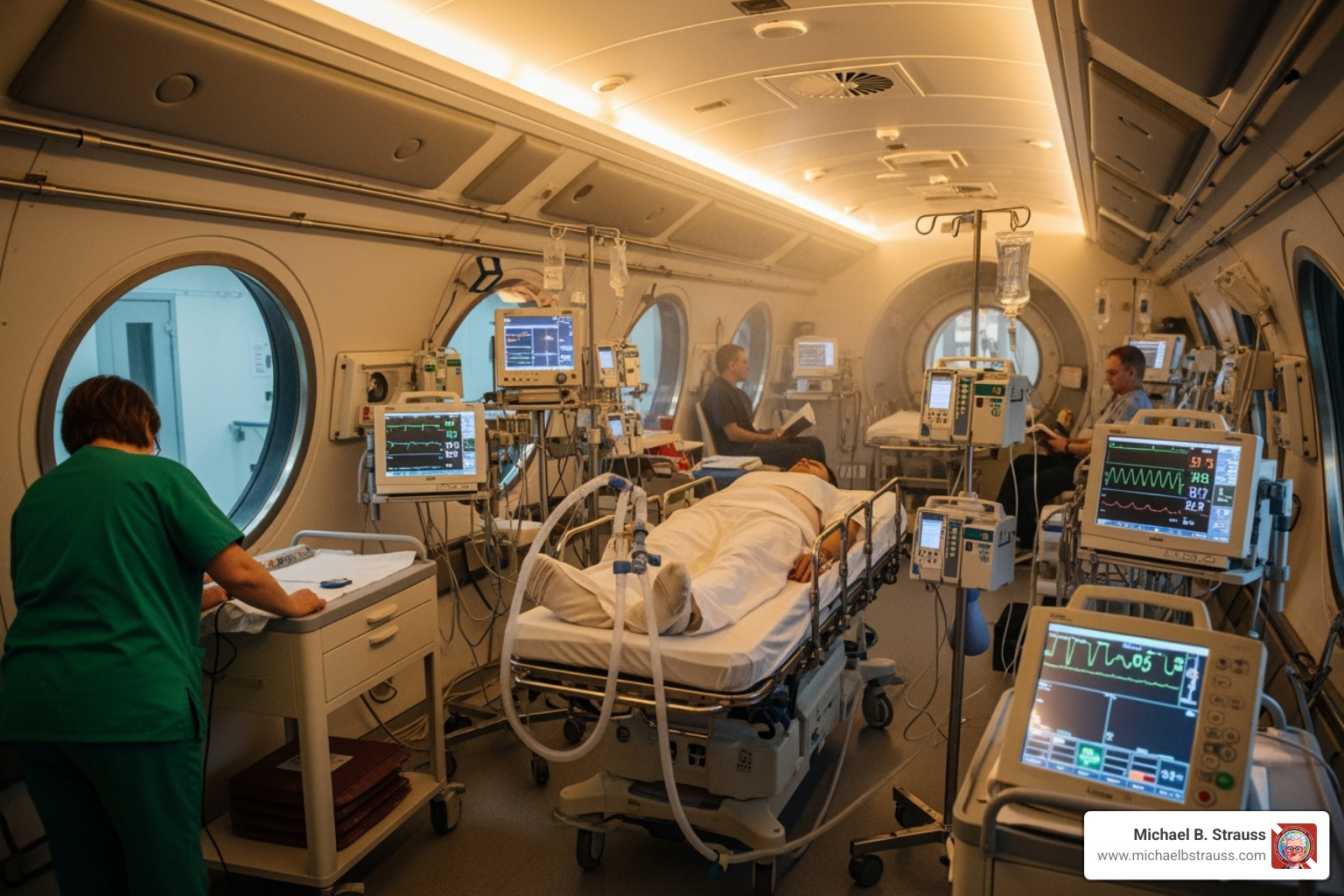 patient inside a multiplace hyperbaric oxygen chamber - what is decompression sickness