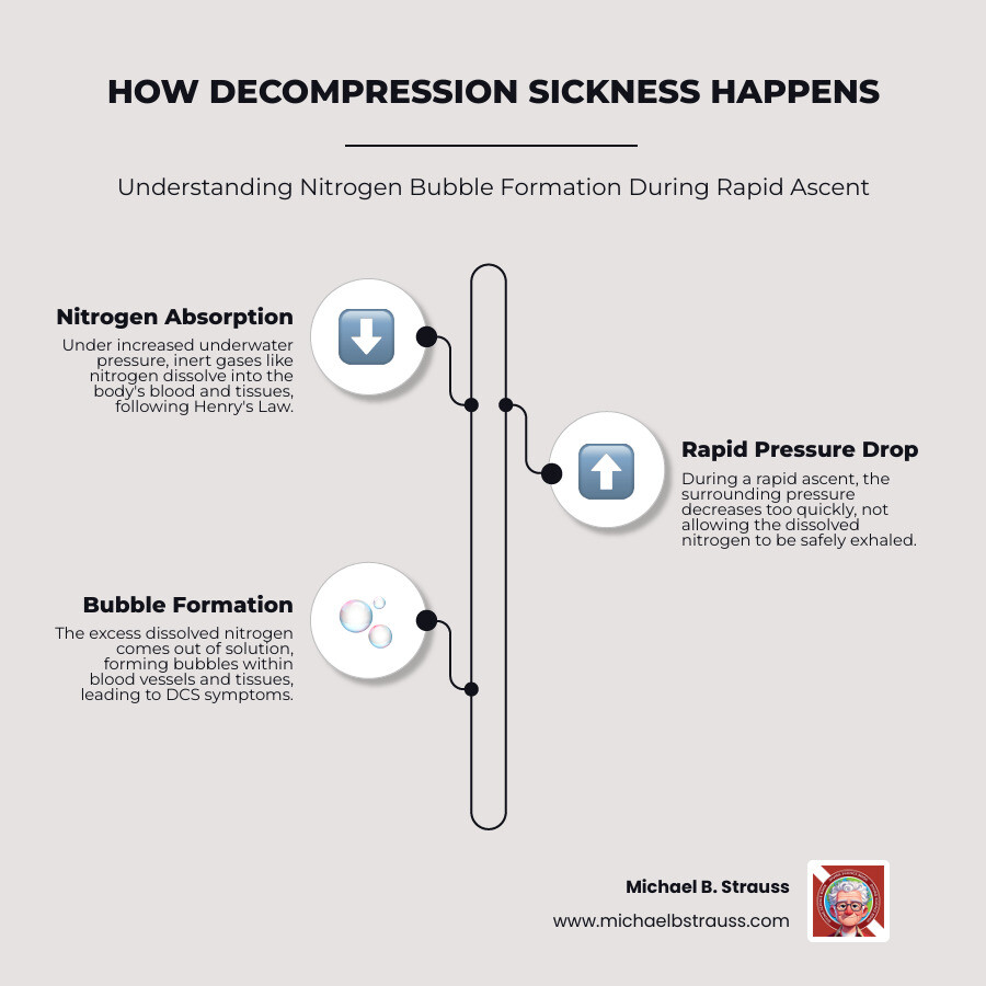 Infographic explaining how nitrogen bubbles form in blood and tissues during a rapid ascent - what is decompression sickness infographic infographic-line-3-steps-neat_beige