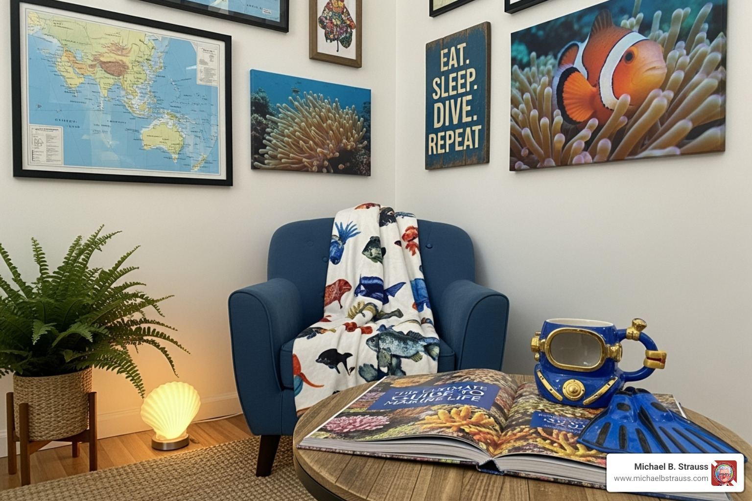 A cozy room decorated with dive-themed art, a marine life book, and a custom mug. - diving themed gifts