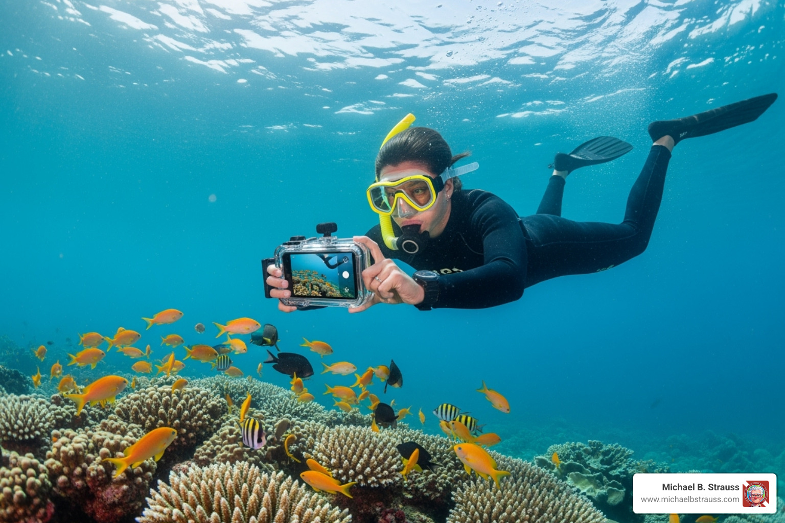 A diver using a smartphone in an underwater housing to capture marine life. - diving themed gifts