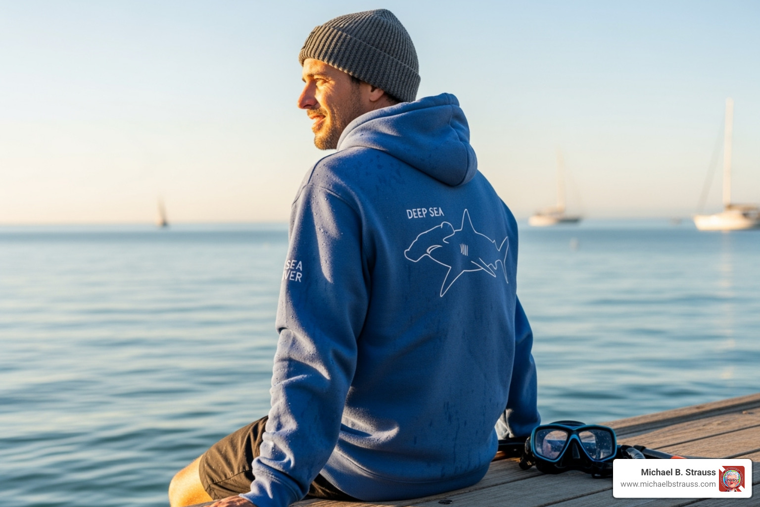 A diver wearing a stylish dive-themed hoodie and beanie after a dive. - diving themed gifts