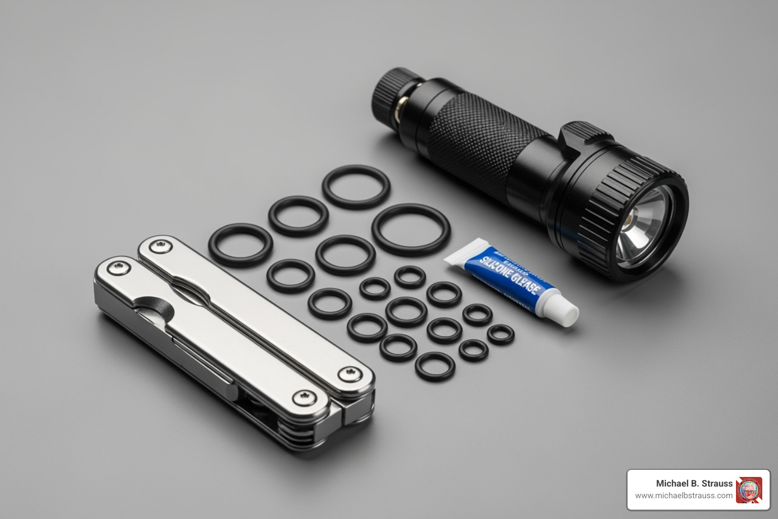 A "save-a-dive" kit featuring a multi-tool, O-rings, and a dive light. - diving themed gifts