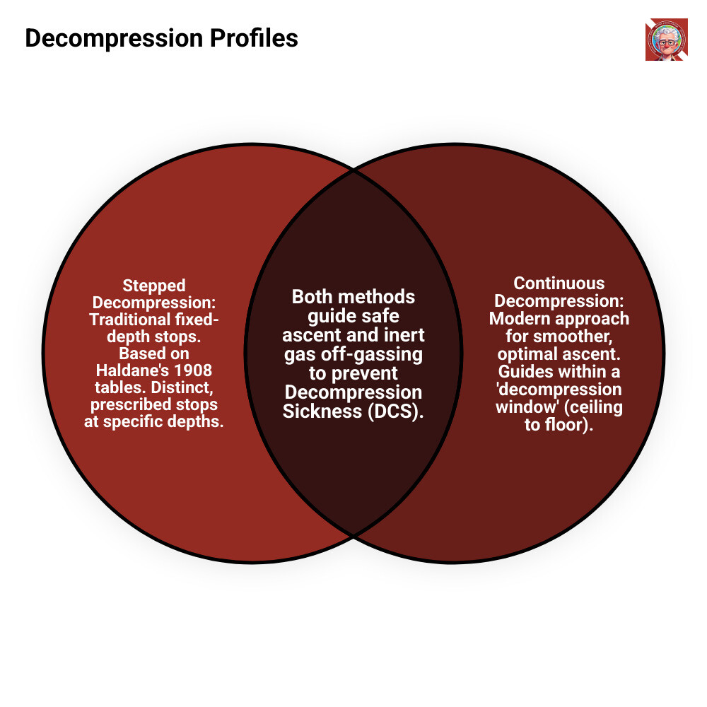 Infographic illustrating the difference between a stepped and a continuous decompression profile, showing a smoother curve for continuous and distinct steps for stepped - dive computer settings infographic venn_diagram