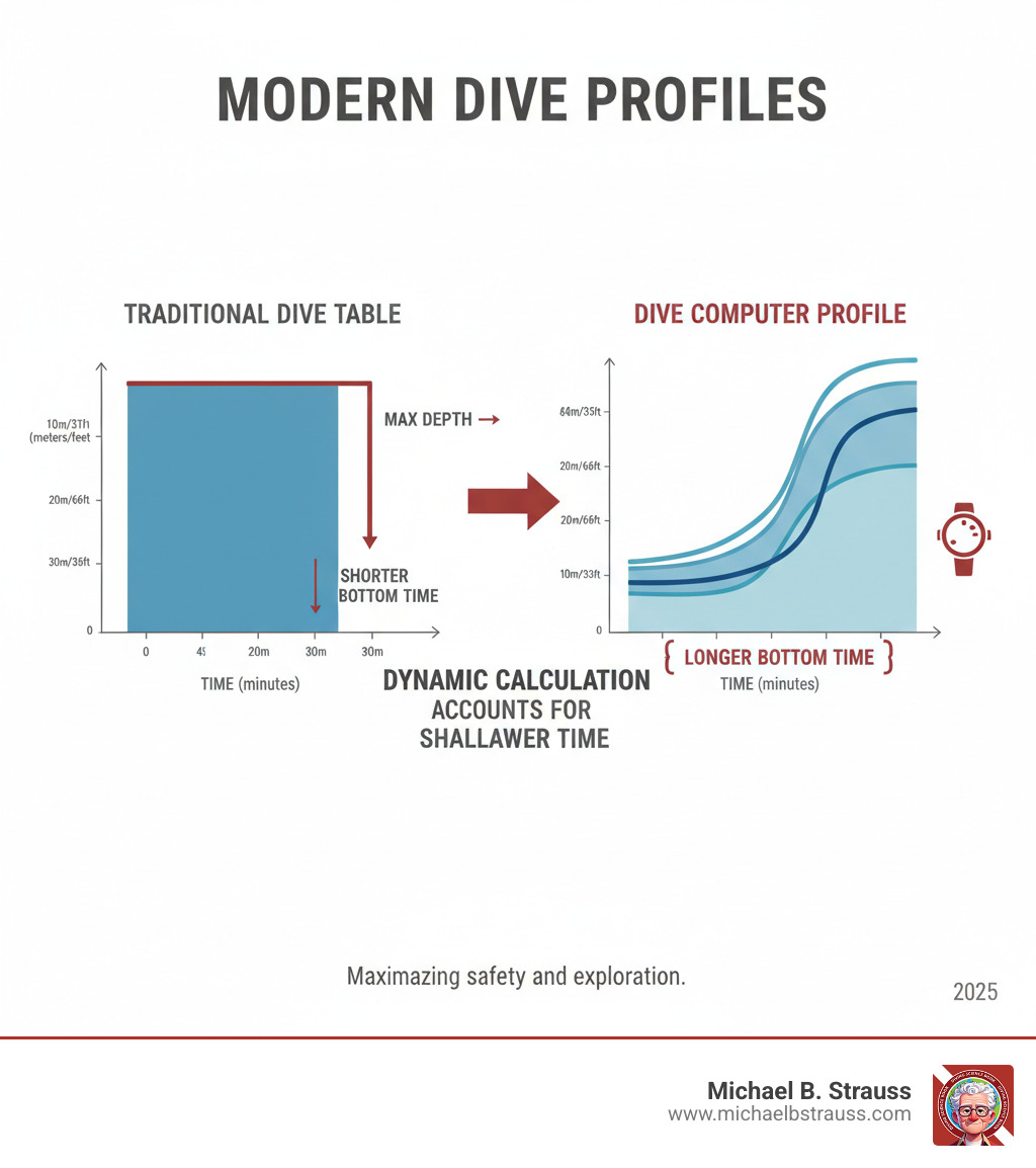 Infographic showing a multilevel dive profile tracked by a dive computer versus the conservative square profile assumed by traditional dive tables, illustrating how computers allow longer bottom times by accounting for time spent at shallower depths - dive computer settings infographic 