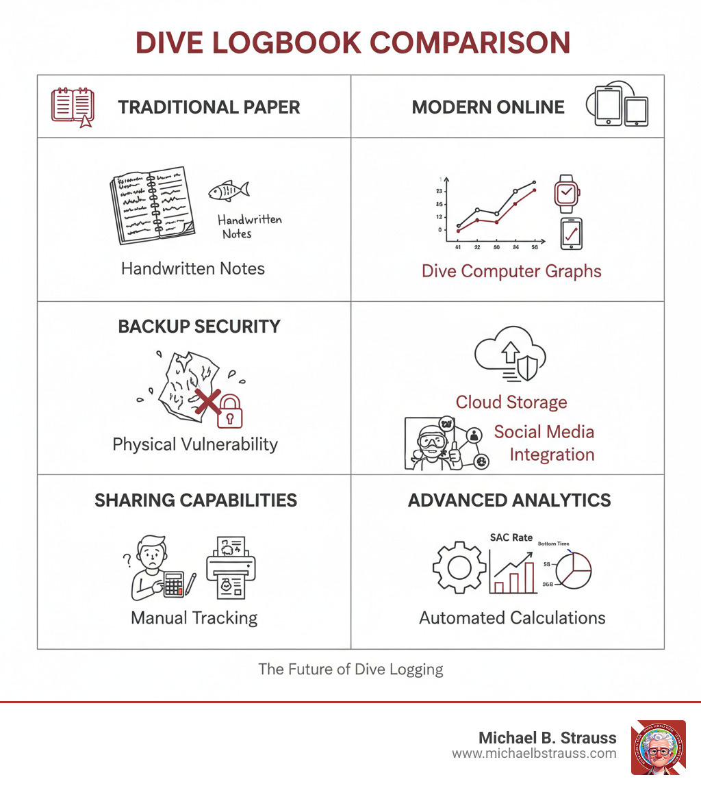 Comprehensive comparison infographic showing traditional paper logbook on left versus modern online dive logbook on right, highlighting key differences in data richness with dive computer graphs vs handwritten notes, backup security with cloud storage vs physical vulnerability, sharing capabilities with social media integration vs photocopying, and advanced analytics with automated calculations vs manual tracking - online dive logbook infographic 