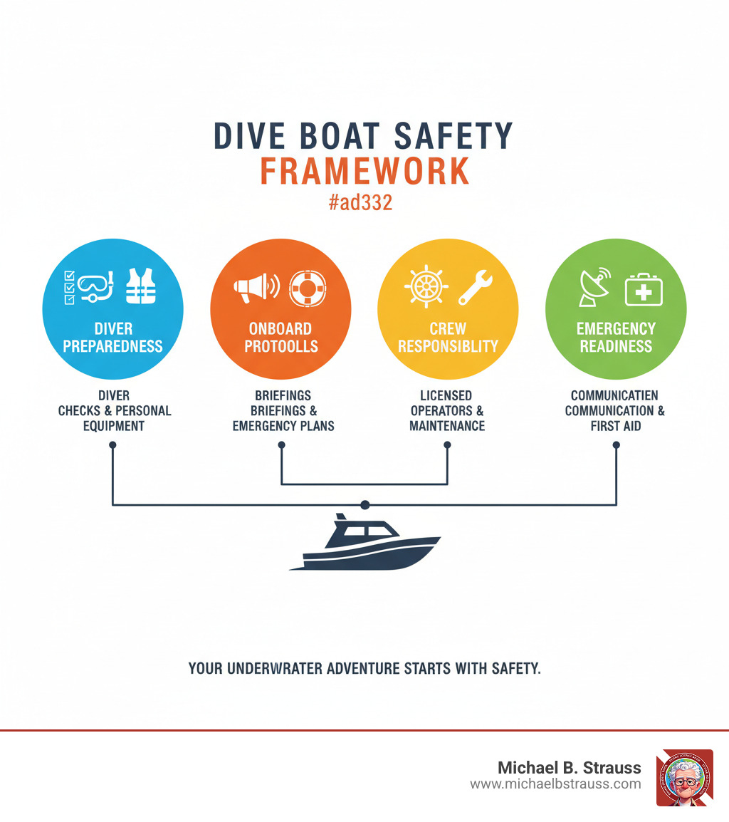 Comprehensive dive boat safety framework showing four key pillars: Diver Preparedness including gear checks and personal safety equipment, Onboard Protocols covering safety briefings and emergency procedures, Crew Responsibility encompassing licensed operators and equipment maintenance, and Emergency Readiness featuring communication systems and first aid capabilities - dive boat safety infographic 