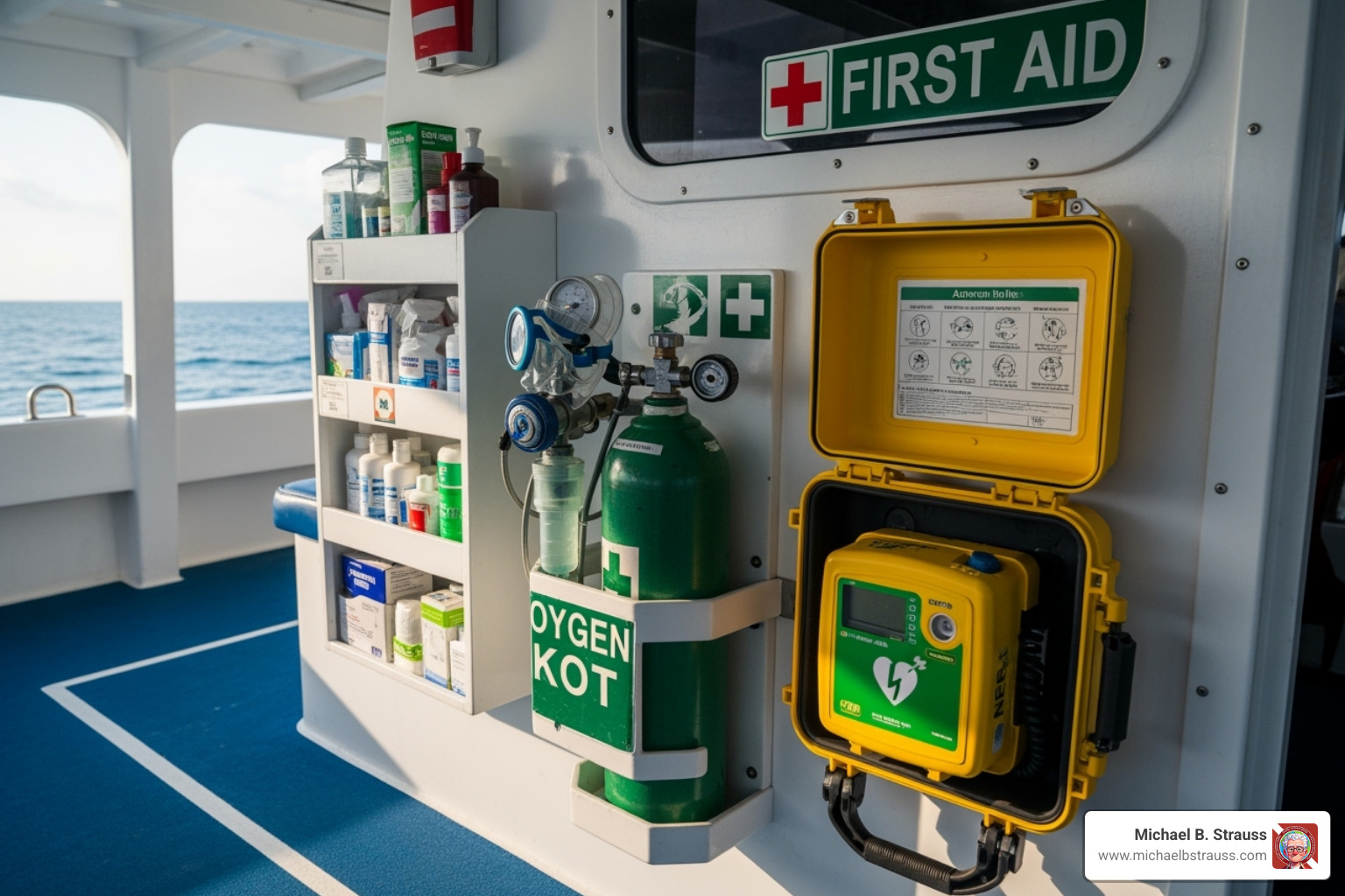 Dive boat's first aid station showing an oxygen kit and AED. - dive boat safety