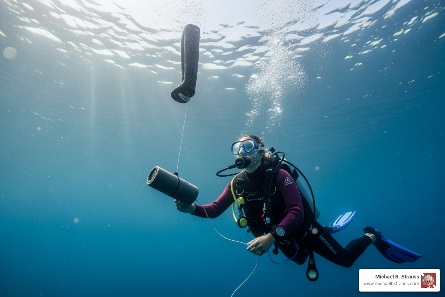 A diver deploying a surface marker buoy (SMB). - dive boat safety