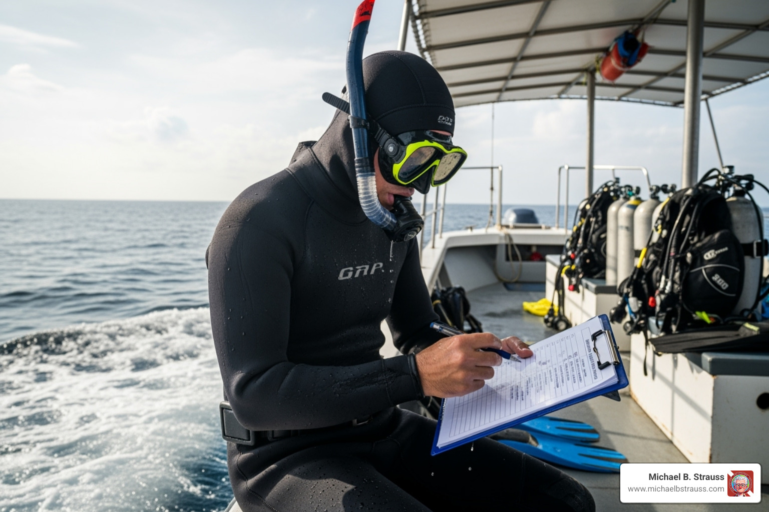 a diver reviewing a checklist on a clipboard on a dive boat - dive insurance cost