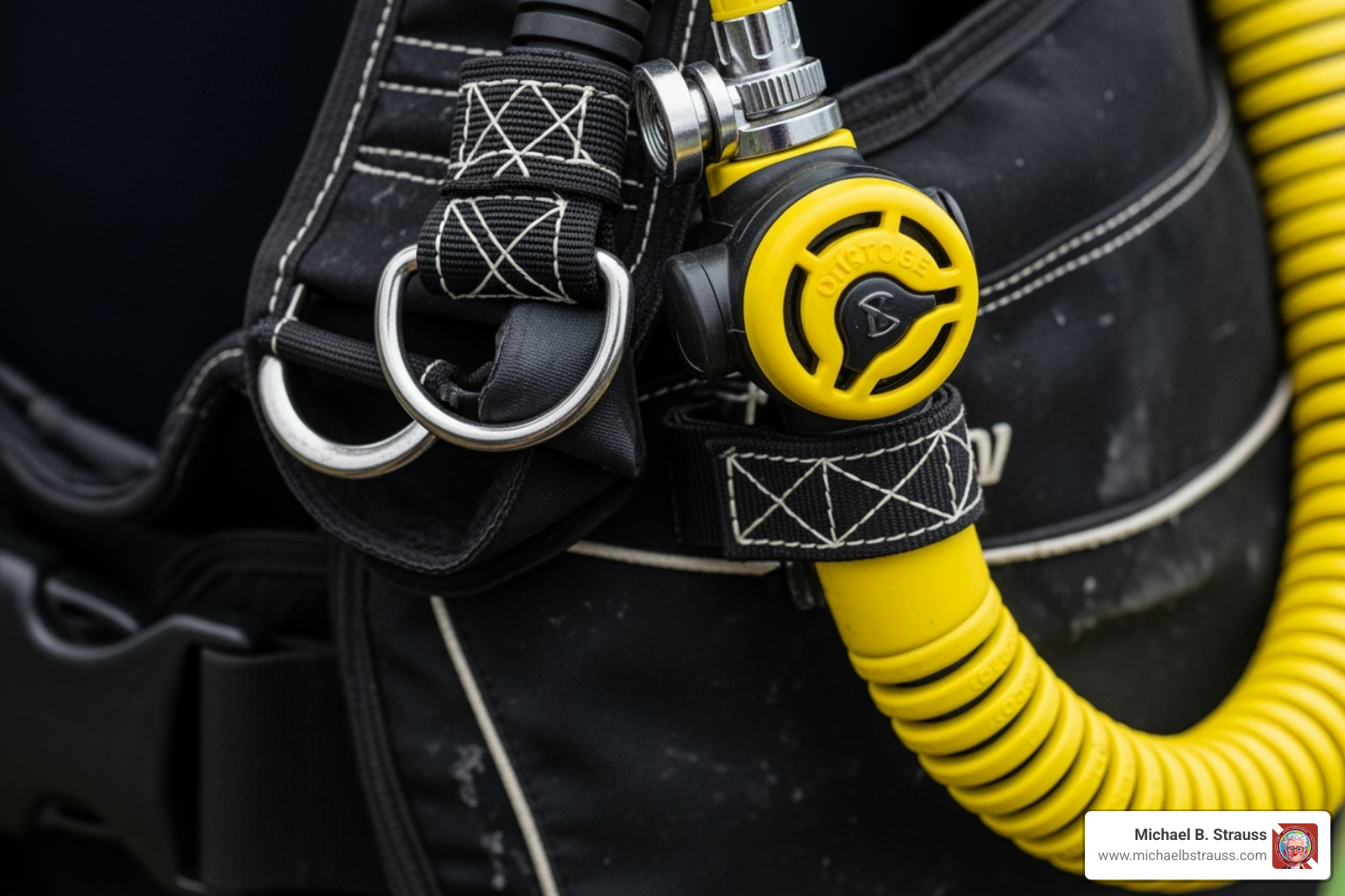 A close-up image of a scuba diver's BCD showing a bright yellow alternate air source regulator securely clipped to a D-ring, positioned for easy access. - alternate air source