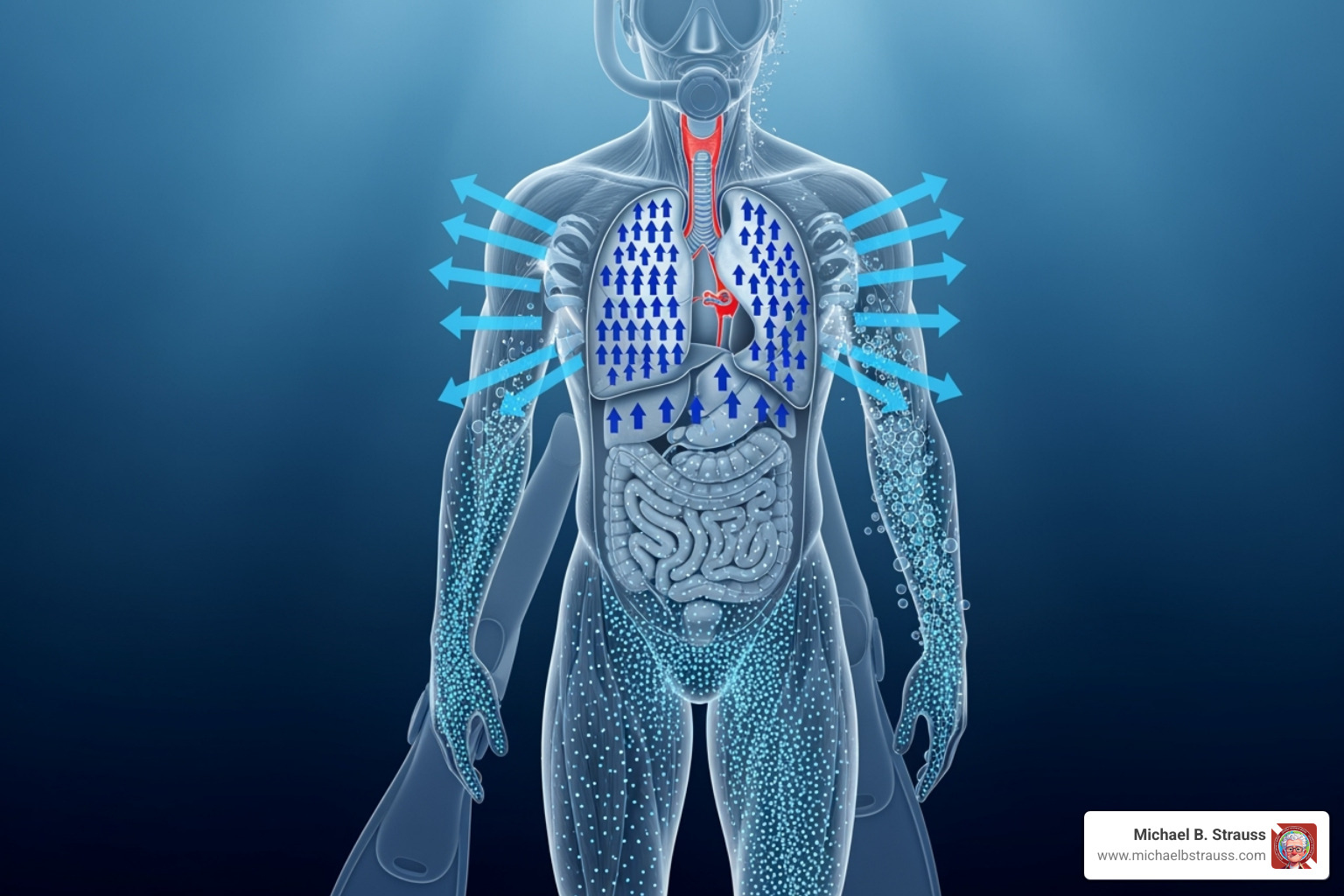 Diagram illustrating the effects of pressure changes on a diver's body during ascent and descent, showing gas compression and expansion in air spaces and tissue saturation - Scuba diving risks