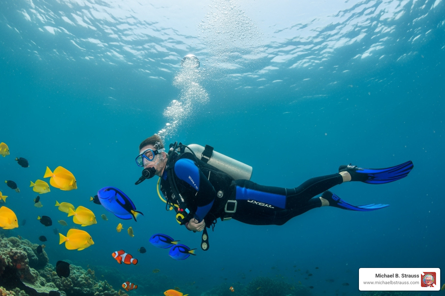 A diver performing a safety stop at 15 feet, exhaling slowly and maintaining neutral buoyancy, with fish swimming around them - Scuba diving risks