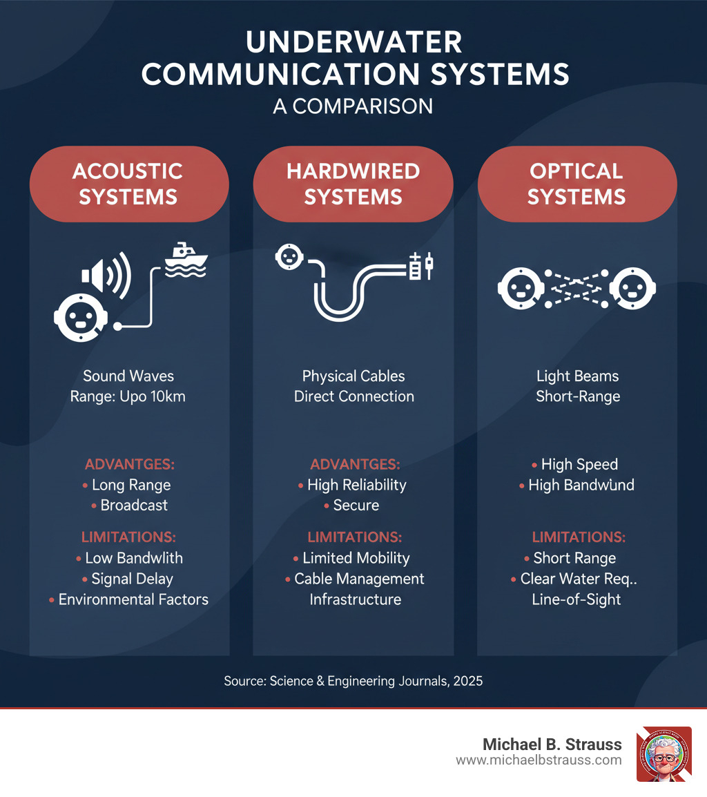 Detailed comparison infographic showing acoustic communication using sound waves with ranges up to 10km, hardwired systems with physical cables offering high reliability, and optical systems using light for high-speed short-range data transfer, including their respective advantages and limitations - underwater communication infographic 