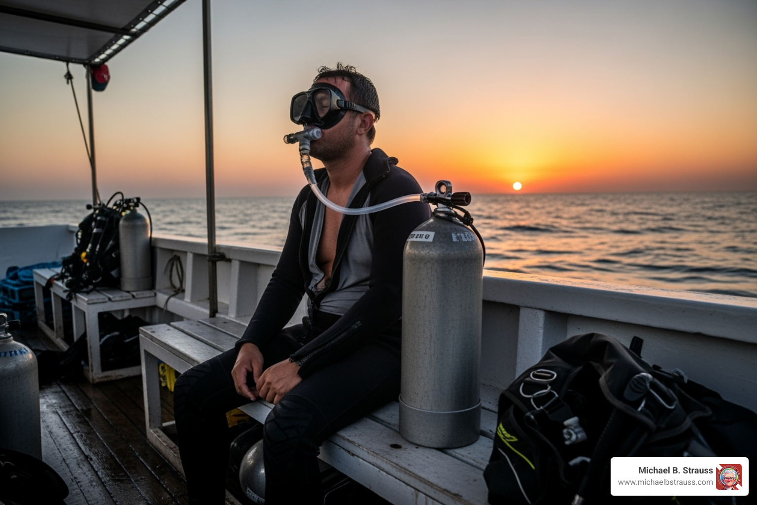 diver on a boat breathing from an oxygen mask - joint pain after diving