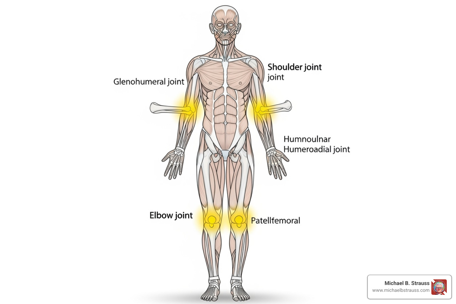 Diagram highlighting common areas for DCS joint pain like shoulders, elbows, and knees - joint pain after diving