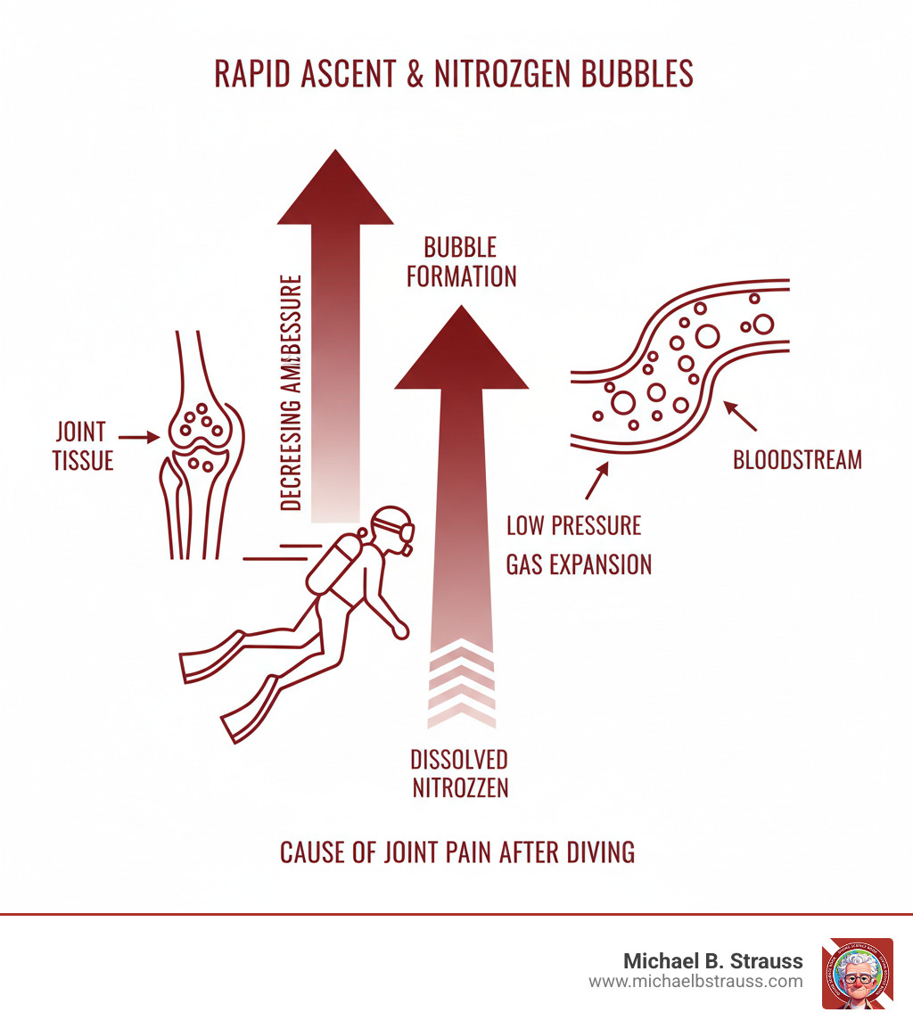 Infographic showing nitrogen bubble formation during rapid ascent from diving, with arrows indicating pressure changes and bubble development in joints and bloodstream - joint pain after diving infographic 