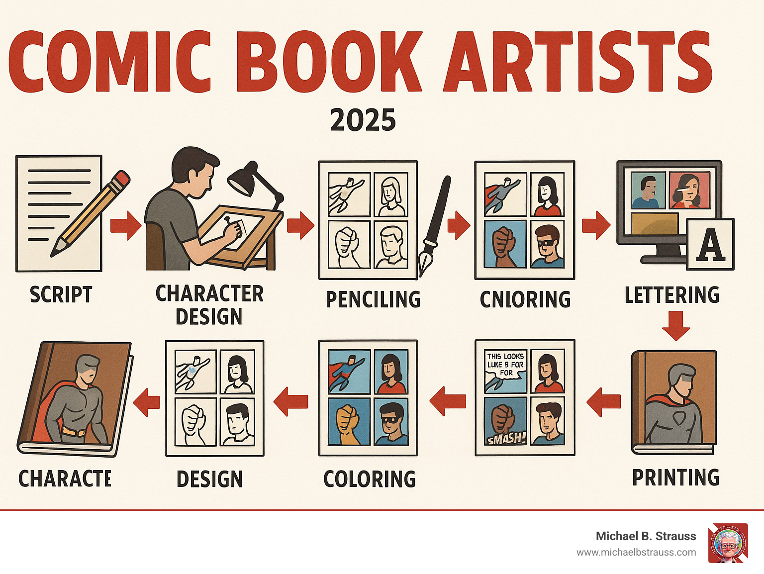 Detailed infographic showing the comic book creation process from initial script and character design through penciling, inking, coloring, lettering, and final printing, with arrows indicating workflow and small illustrations of each stage - comic book artists infographic 