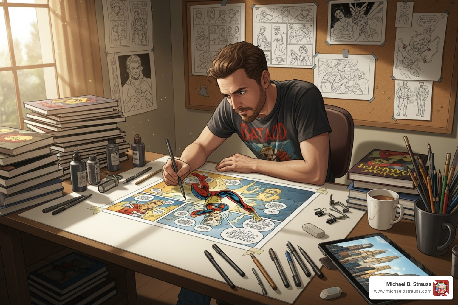 A comic book artist at work, surrounded by sketches and art supplies - comic book artists