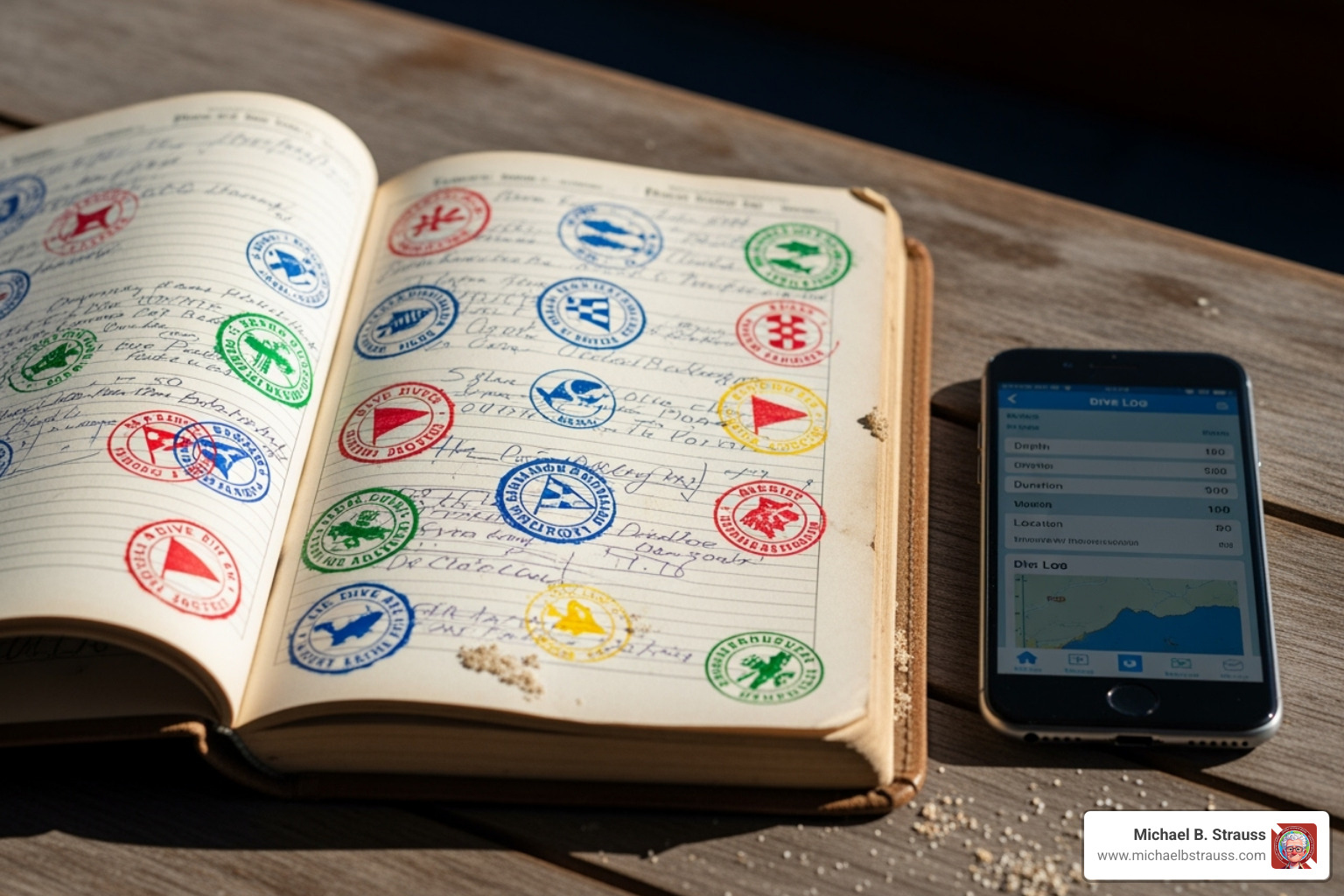 A classic paper logbook with colorful stamps next to a smartphone displaying a digital dive log interface. - dive log books