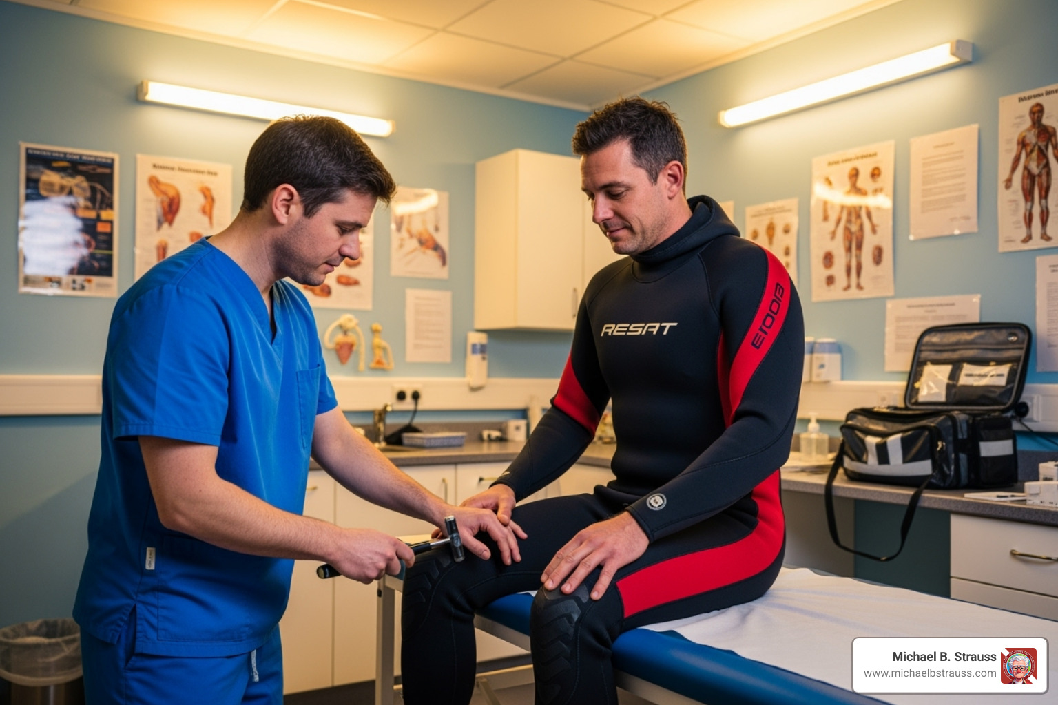 Medical professional conducting a simple neurological check on a diver - decompression sickness symptoms Medical professional conducting a simple neurological check on a diver - decompression sickness symptoms