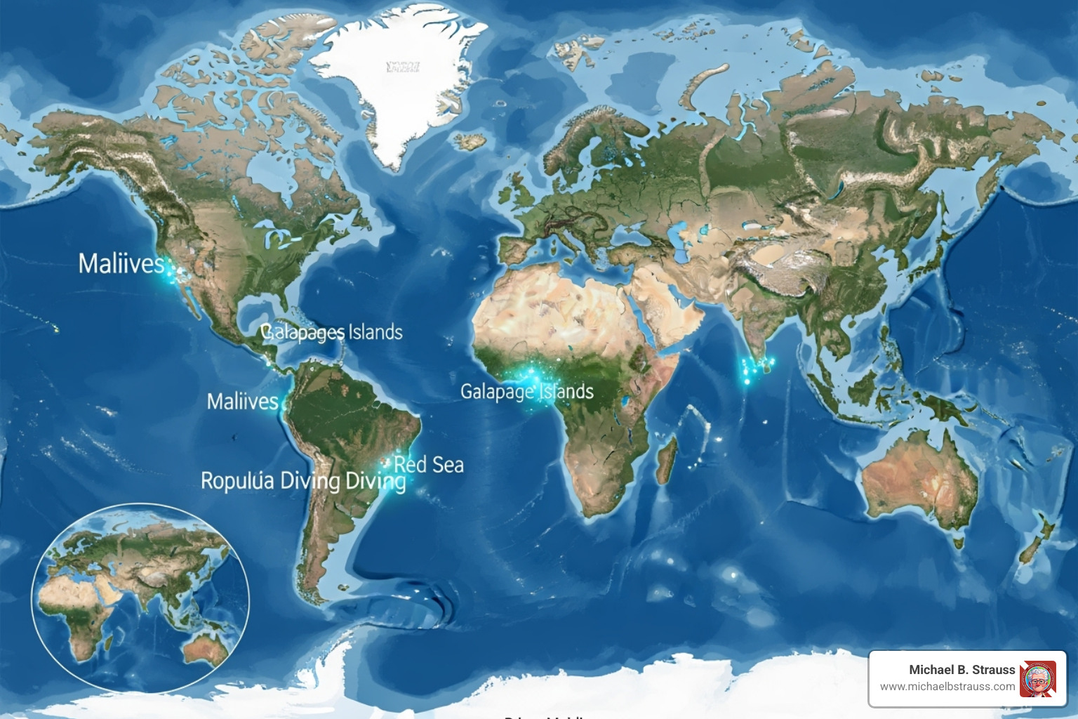 world map highlighting popular and remote diving destinations like the Maldives, Galapagos, and the Red Sea - single trip dive insurance world map highlighting popular and remote diving destinations like the Maldives, Galapagos, and the Red Sea - single trip dive insurance