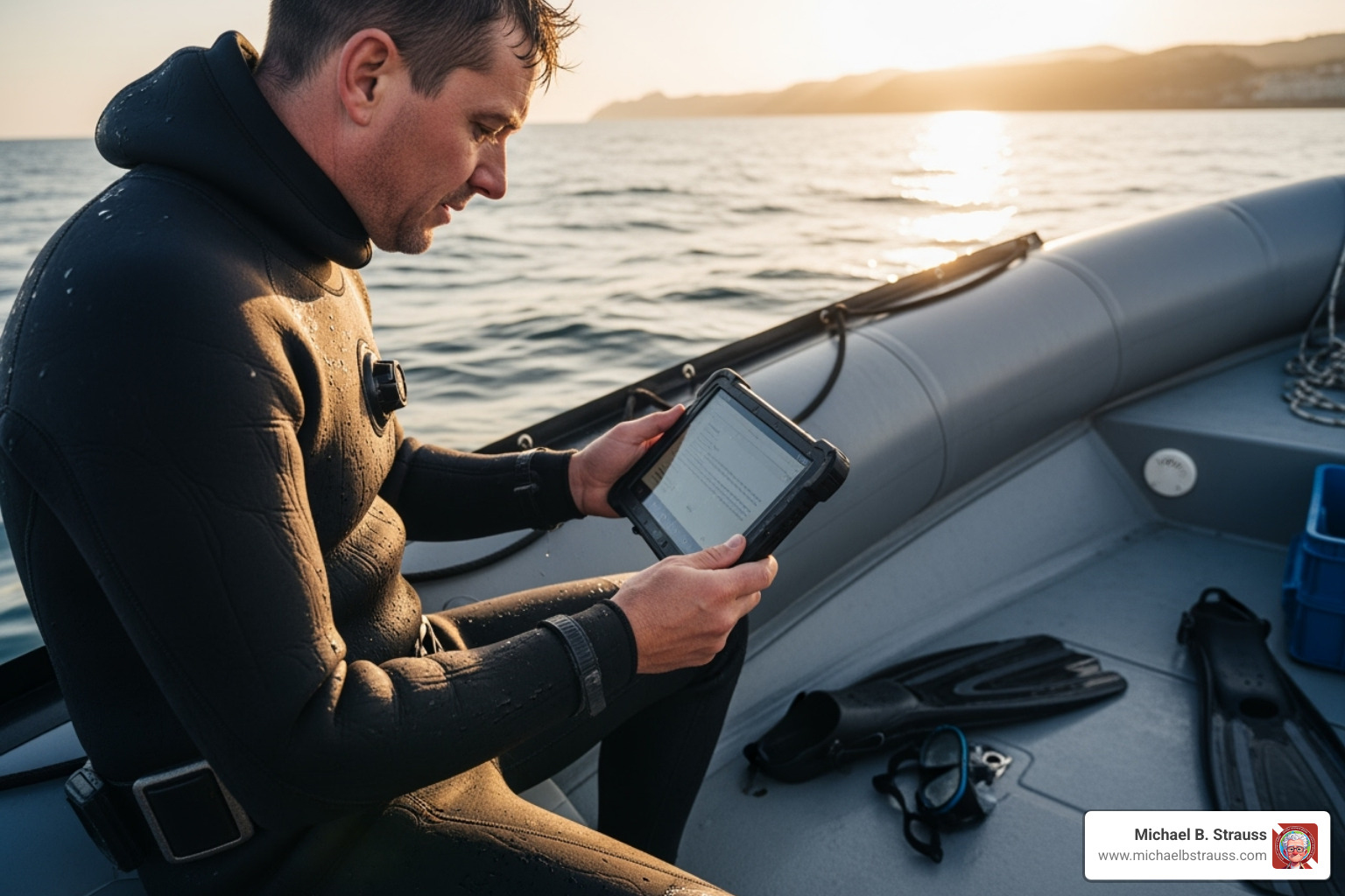 diver on a boat, using a tablet to review insurance documents - single trip dive insurance diver on a boat, using a tablet to review insurance documents - single trip dive insurance