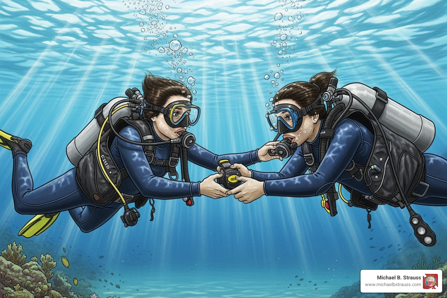 diagram illustrating the buddy breathing exchange between two divers - buddy breathing technique diagram illustrating the buddy breathing exchange between two divers - buddy breathing technique