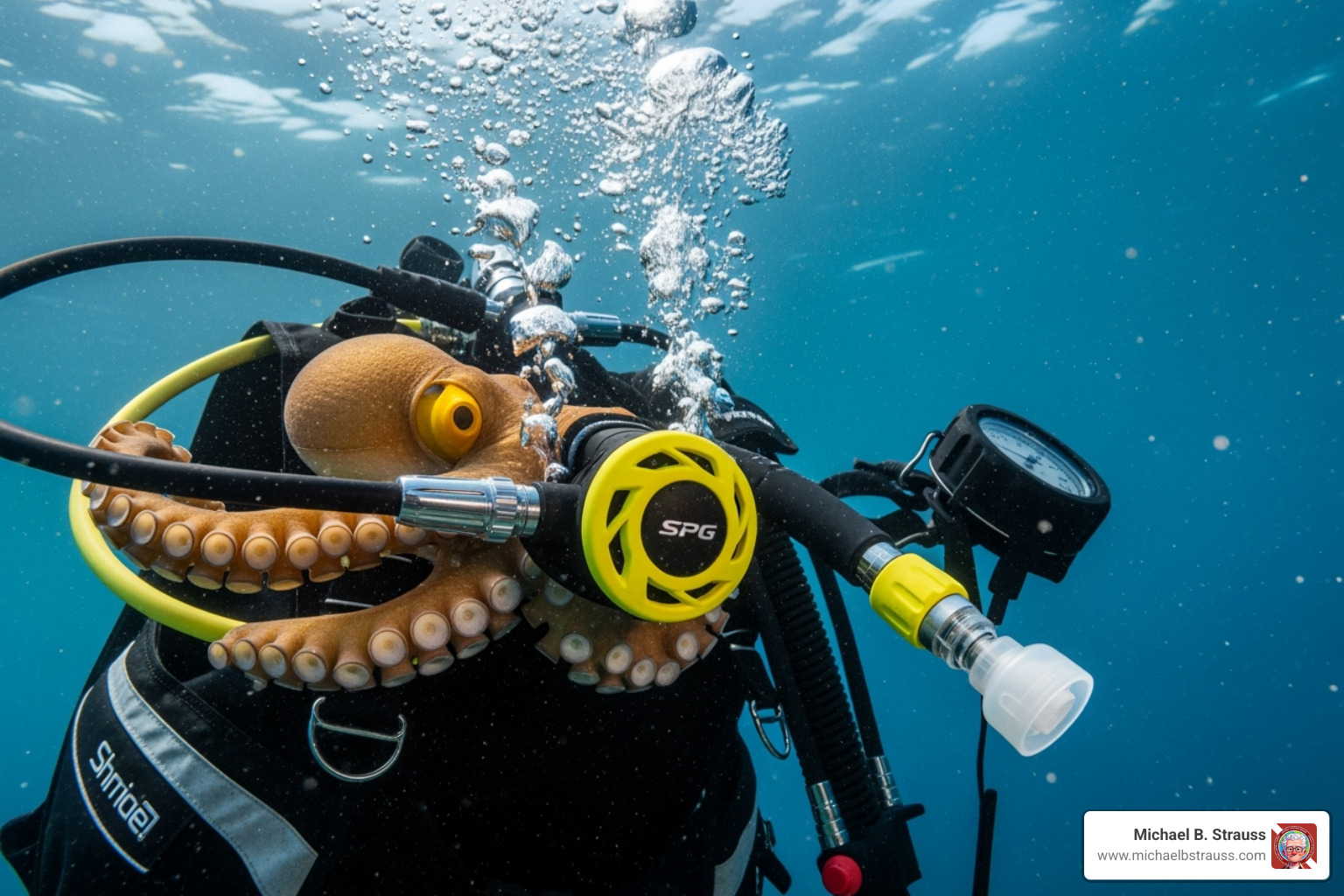 diver's regulator setup showing a clearly visible yellow octopus - buddy breathing technique diver's regulator setup showing a clearly visible yellow octopus - buddy breathing technique