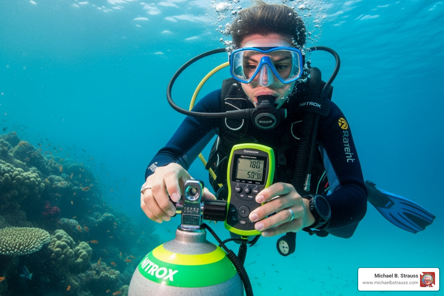 A diver carefully analyzing their Nitrox tank with an oxygen analyzer, ensuring the correct oxygen percentage for safe diving - Nitrox diving benefits A diver carefully analyzing their Nitrox tank with an oxygen analyzer, ensuring the correct oxygen percentage for safe diving - Nitrox diving benefits