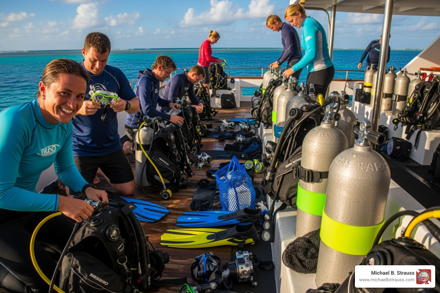 A group of excited divers on a liveaboard boat, preparing their Nitrox gear with bright yellow and green tank bands, ready for another extended dive adventure - Nitrox diving benefits A group of excited divers on a liveaboard boat, preparing their Nitrox gear with bright yellow and green tank bands, ready for another extended dive adventure - Nitrox diving benefits