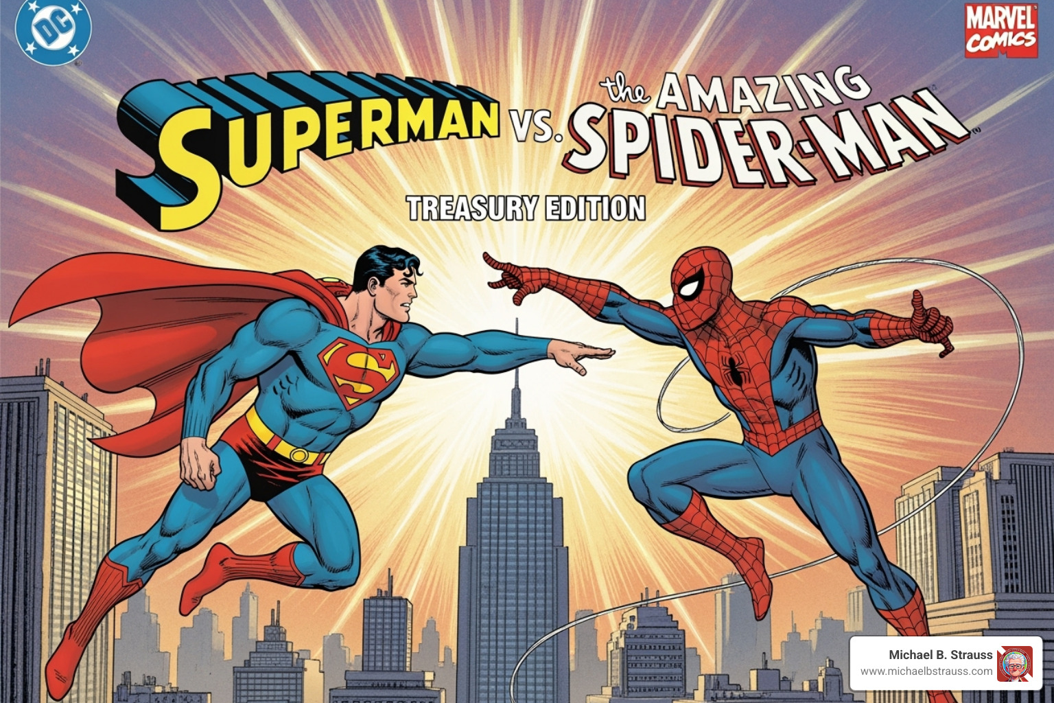The iconic cover of the "Superman vs. The Amazing Spider-Man" Treasury Edition, showcasing the two heroes in a dynamic pose - large format comics The iconic cover of the "Superman vs. The Amazing Spider-Man" Treasury Edition, showcasing the two heroes in a dynamic pose - large format comics
