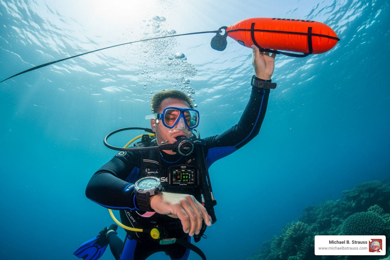 Diver checking a dive computer and deploying a Surface Marker Buoy (SMB) - Scuba diving equipment guide Diver checking a dive computer and deploying a Surface Marker Buoy (SMB) - Scuba diving equipment guide