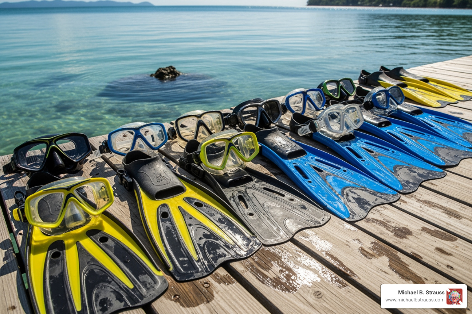 Various styles of dive masks and fins displayed on a dock - Scuba diving equipment guide Various styles of dive masks and fins displayed on a dock - Scuba diving equipment guide
