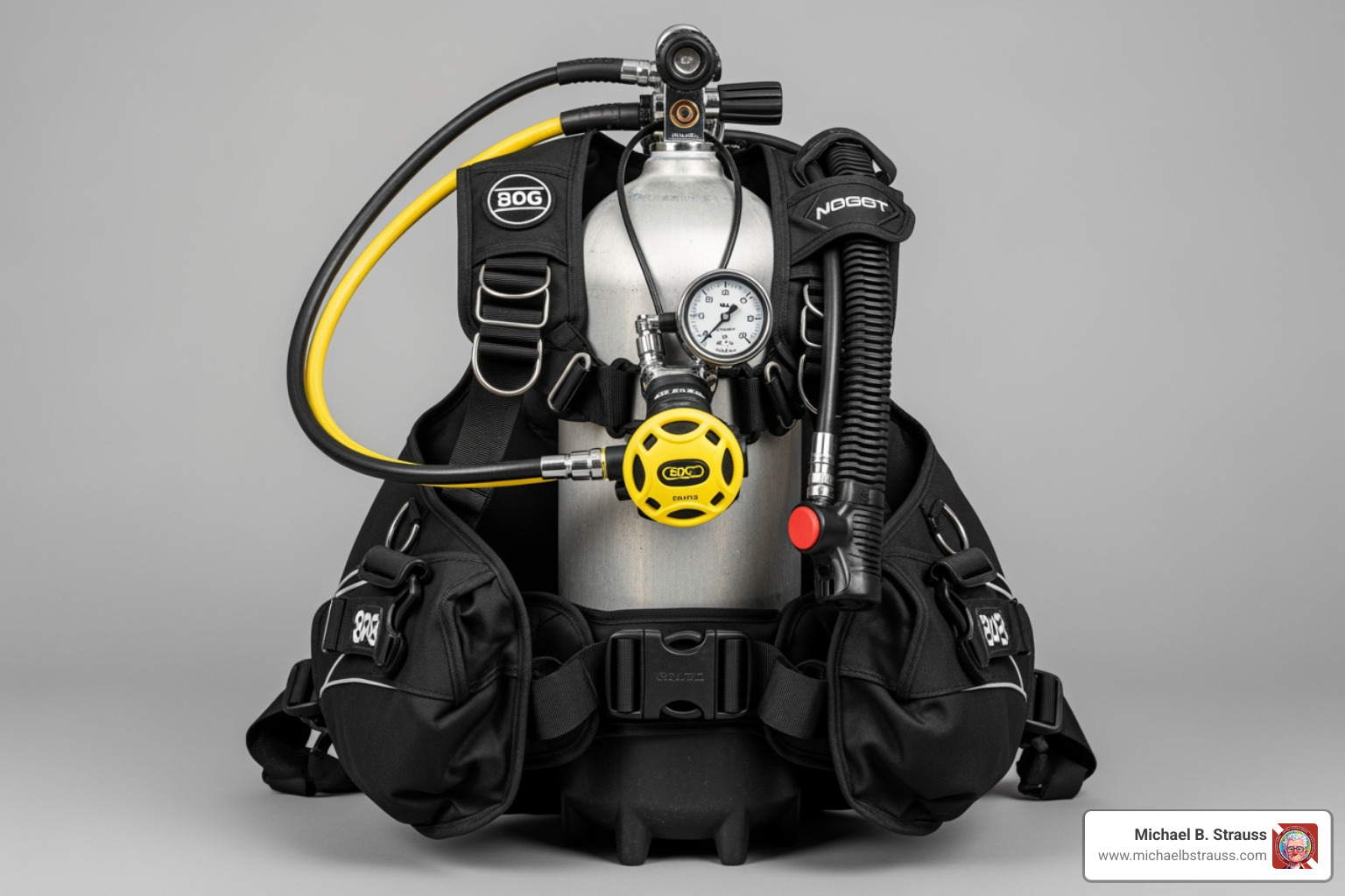 Fully assembled Buoyancy Control Device (BCD), regulator, and tank - Scuba diving equipment guide Fully assembled Buoyancy Control Device (BCD), regulator, and tank - Scuba diving equipment guide