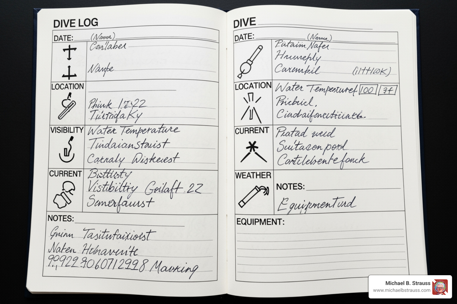 A detailed image of a dive log page with various sections filled in, showing dive number, date, location, conditions, equipment, and a space for notes - dive log template