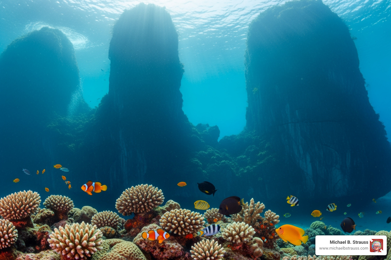 Underwater view of Ha Long Bay's limestone pillars, illustrating the region's distinctive karst topography. - scuba diving north vietnam