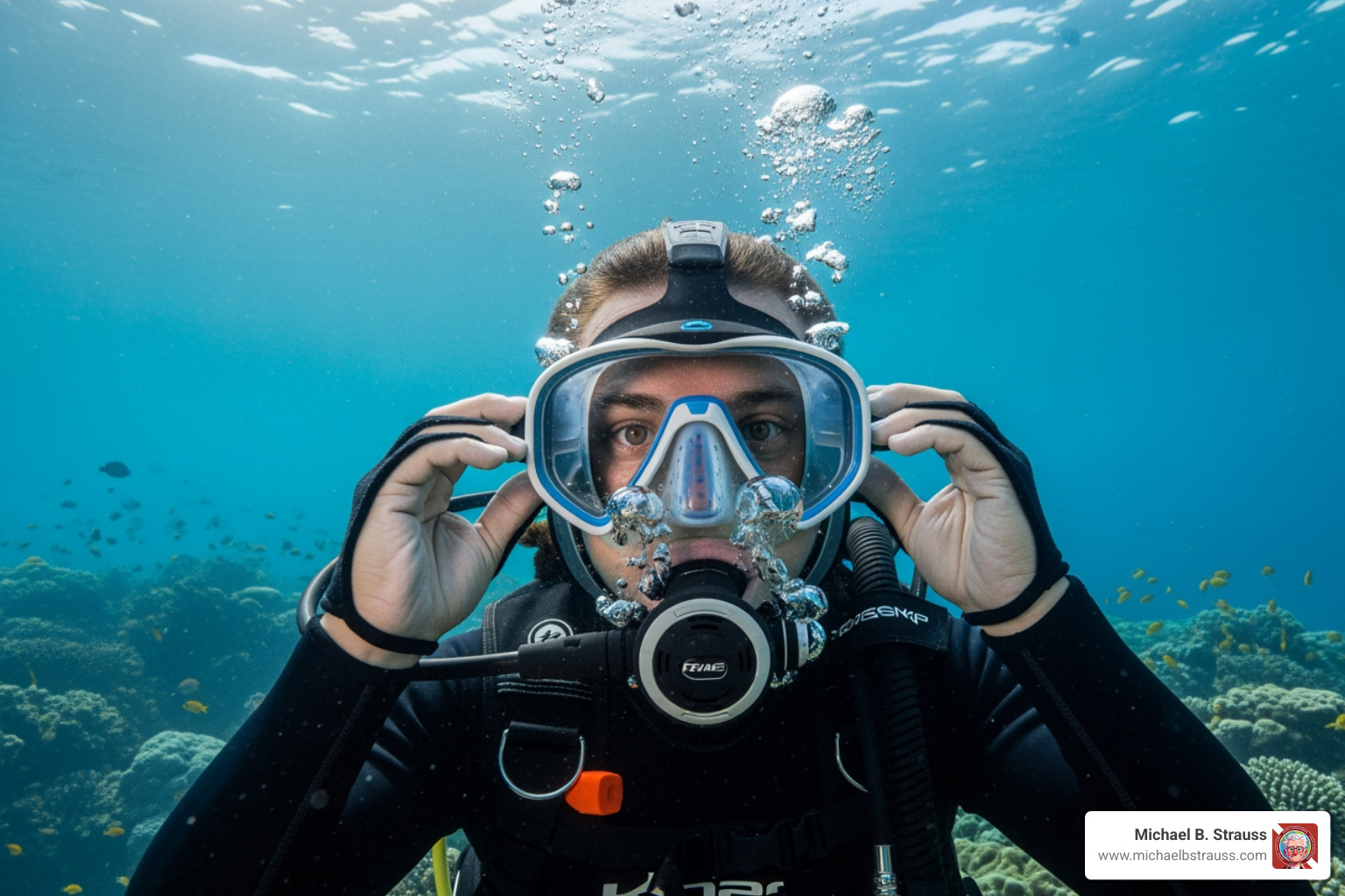 diver adjusting a full-face mask with an integrated microphone - scuba communication system
