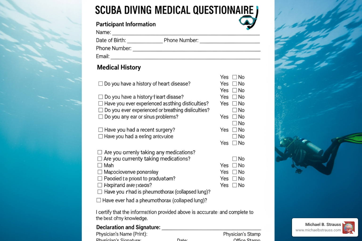 first page of the Diver Medical Participant Questionnaire - Scuba diving health checklist first page of the Diver Medical Participant Questionnaire - Scuba diving health checklist