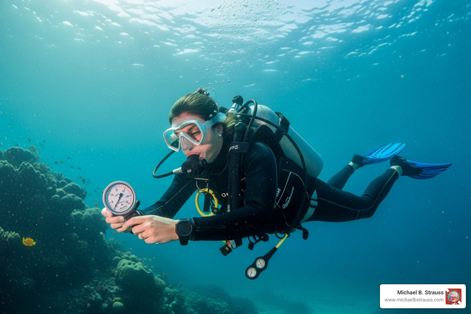 diver checking their submersible pressure gauge - diving accident statistics diver checking their submersible pressure gauge - diving accident statistics